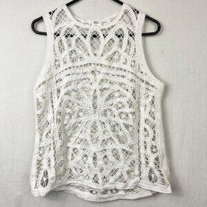 Open Crochet Knit Sheer‎ Sleeveless Top Womens L High Neck Cottage Boho Gyspy